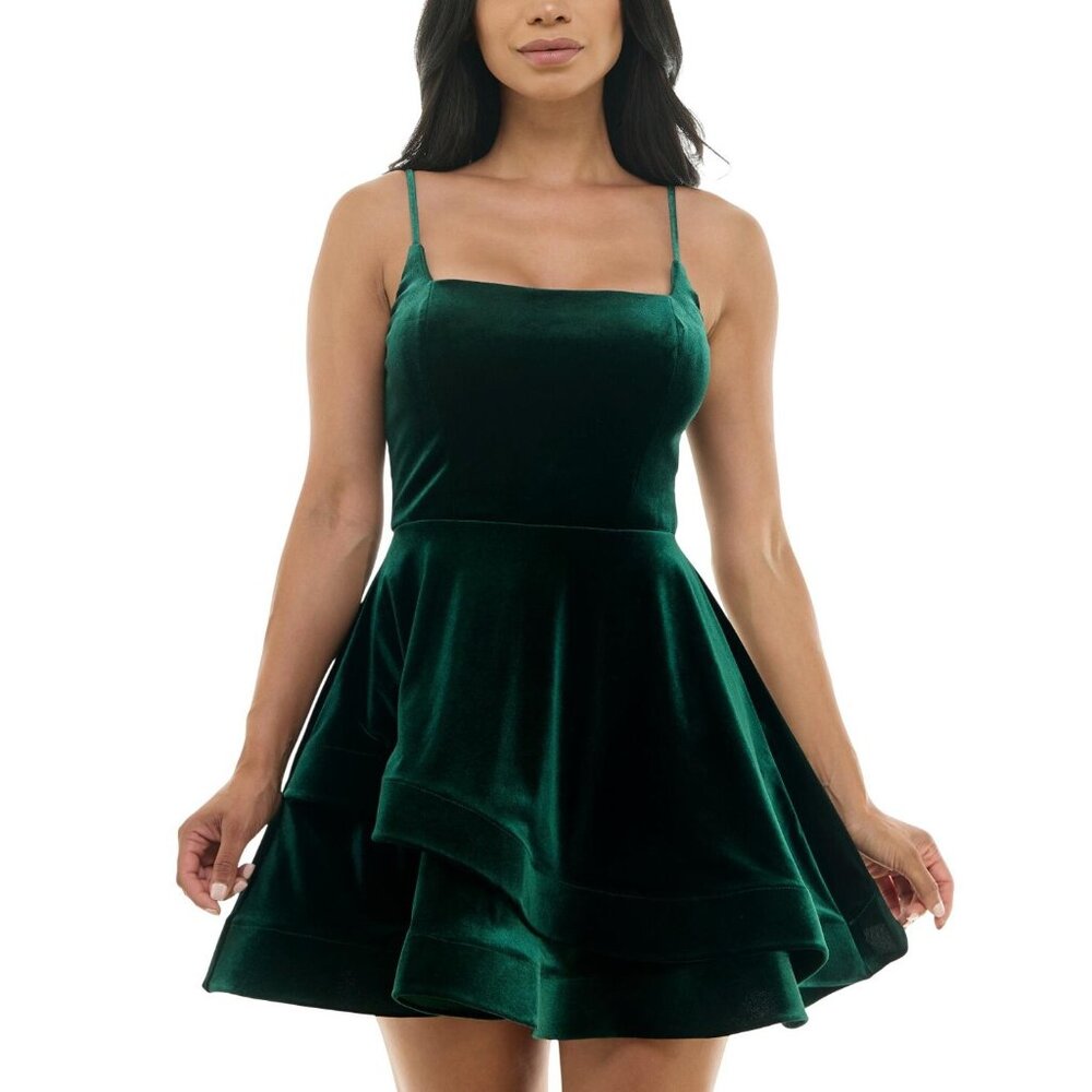 NWT B. Darlin Square Neck Asymmetric Layered Skirt Mini Dress Dark Green 15/16 - Picture 1 of 9